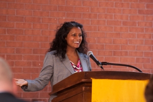 Rehana speaking at the dedication of the naming of Sherman Hall. 