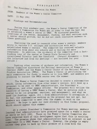 A memorandum to the President's Commission for Women on the status of the Women's Center's founding. 
