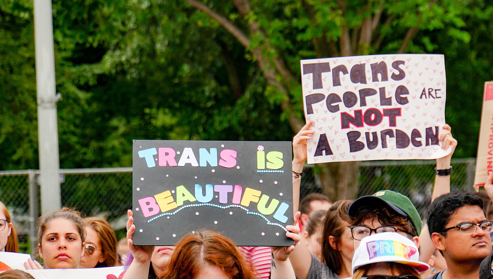 A group of people hold signs at a protest against military ban on transgender people. Two signs in focus read 