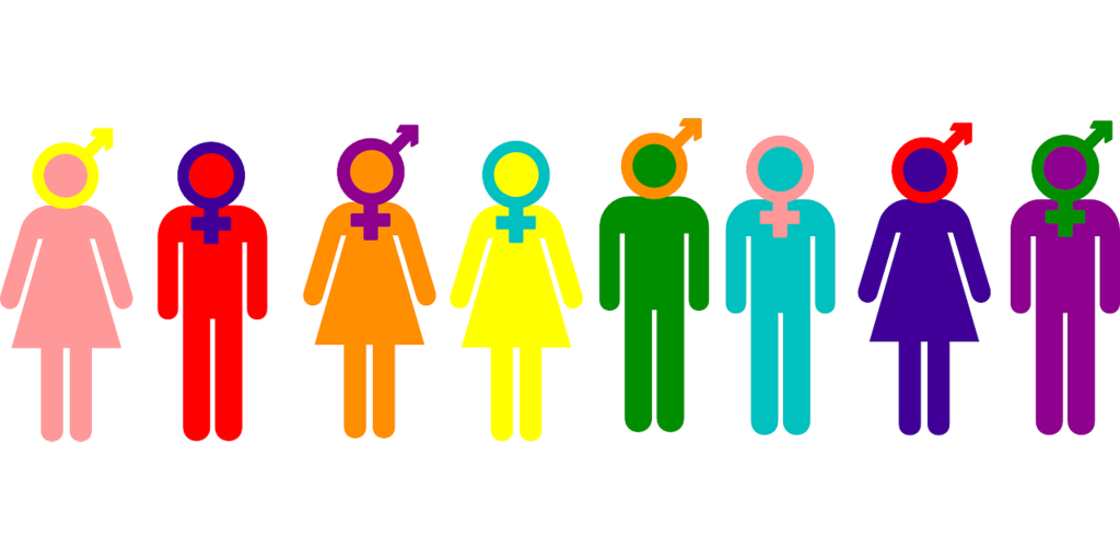 A line of 8 people icons, each a different color with different male, female, transgender symbols overlaid on their faces.