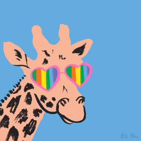 A cartoon giraffe with heart shaped sunglasses on. The glasses have a moving rainbow color to them.