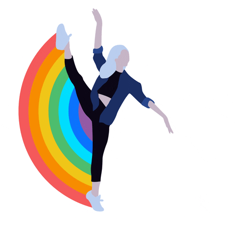 A person is dancing by moving left and right and lifting their foot up into the air. From toe to toe, a rainbow appears while the person kicks their leg up.