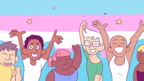 Six different people are dancing with hearts, stars, and sparkles above them. There is a trans flag in the background showing from top to bottom blue, pink, white, and part of the pink line. The people and their shadows block the bottom part of the flag.