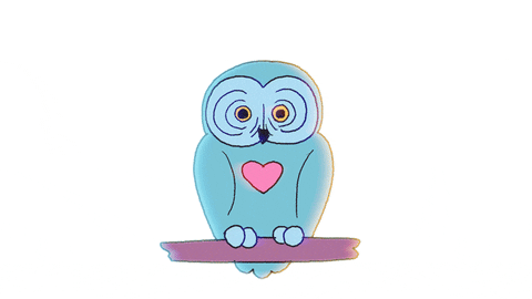 A cartoon blue owl with a pink heart on its chest is sitting on a branch. The owl opens its wings to show the trans flag colors on each wing. The colors from top to bottom are blue, pink, white, pink, and blue.